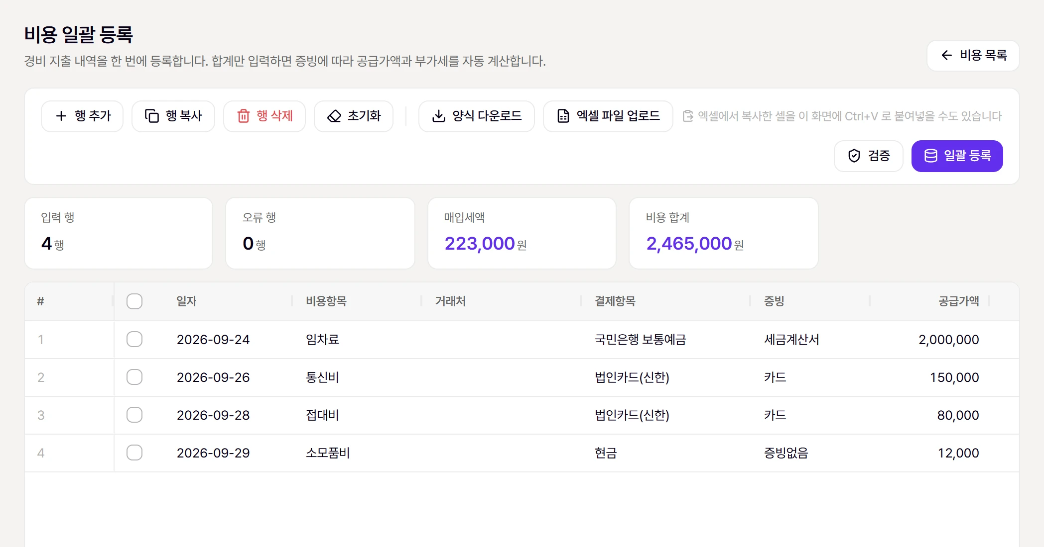 비용 일괄 등록 화면. 예시 행을 붙여넣고 [검증]한 모습 (오류 0행)