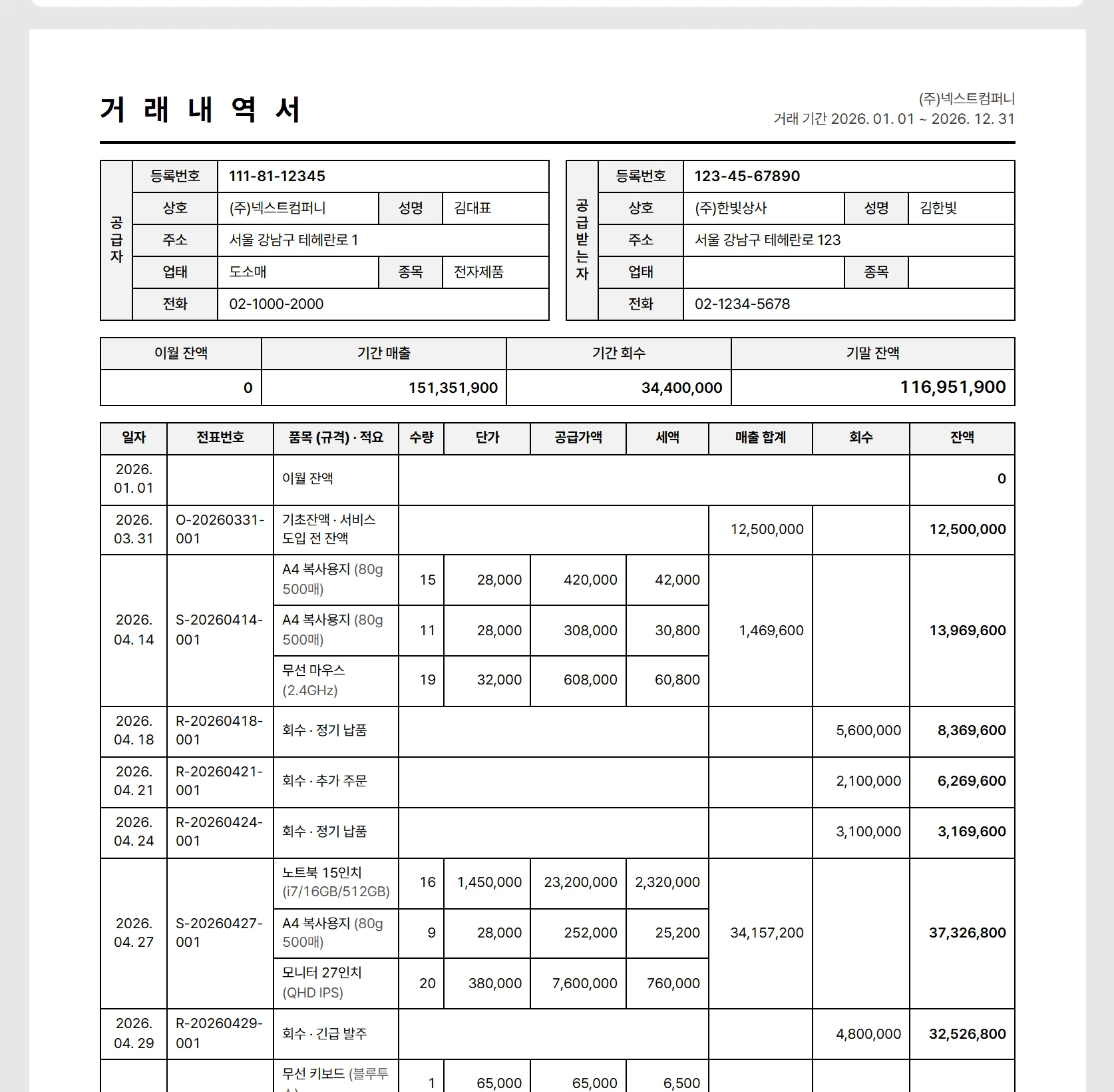 거래내역서 인쇄 양식. 이월 잔액, 일자별 품목 · 수량 · 금액, 회수, 잔액이 한 장에 나옵니다
